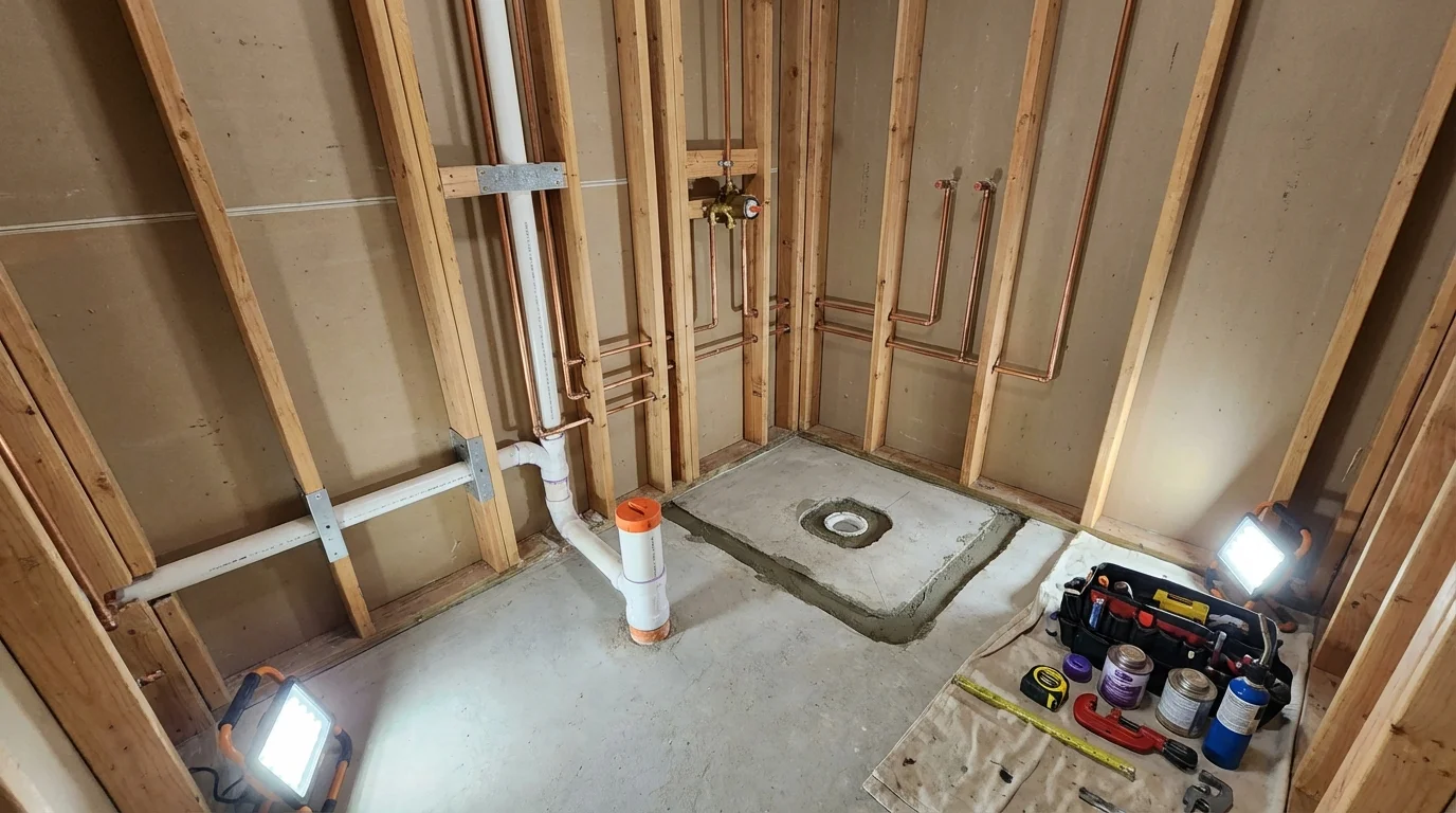 Bathroom rough-in plumbing during remodel by Johns Plumbing LLC in Piedmont