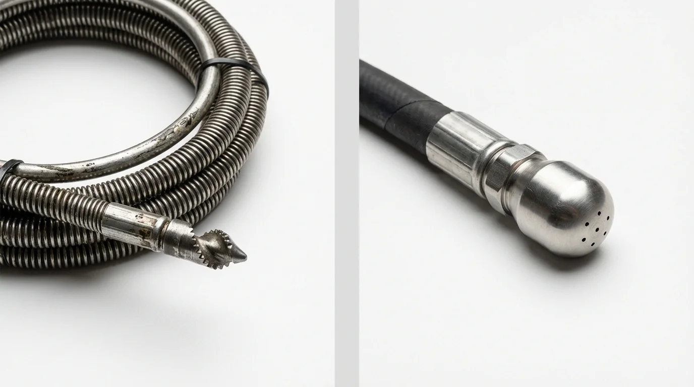Drain snake cable and hydro jetting nozzle used for drain cleaning in Piedmont, OK