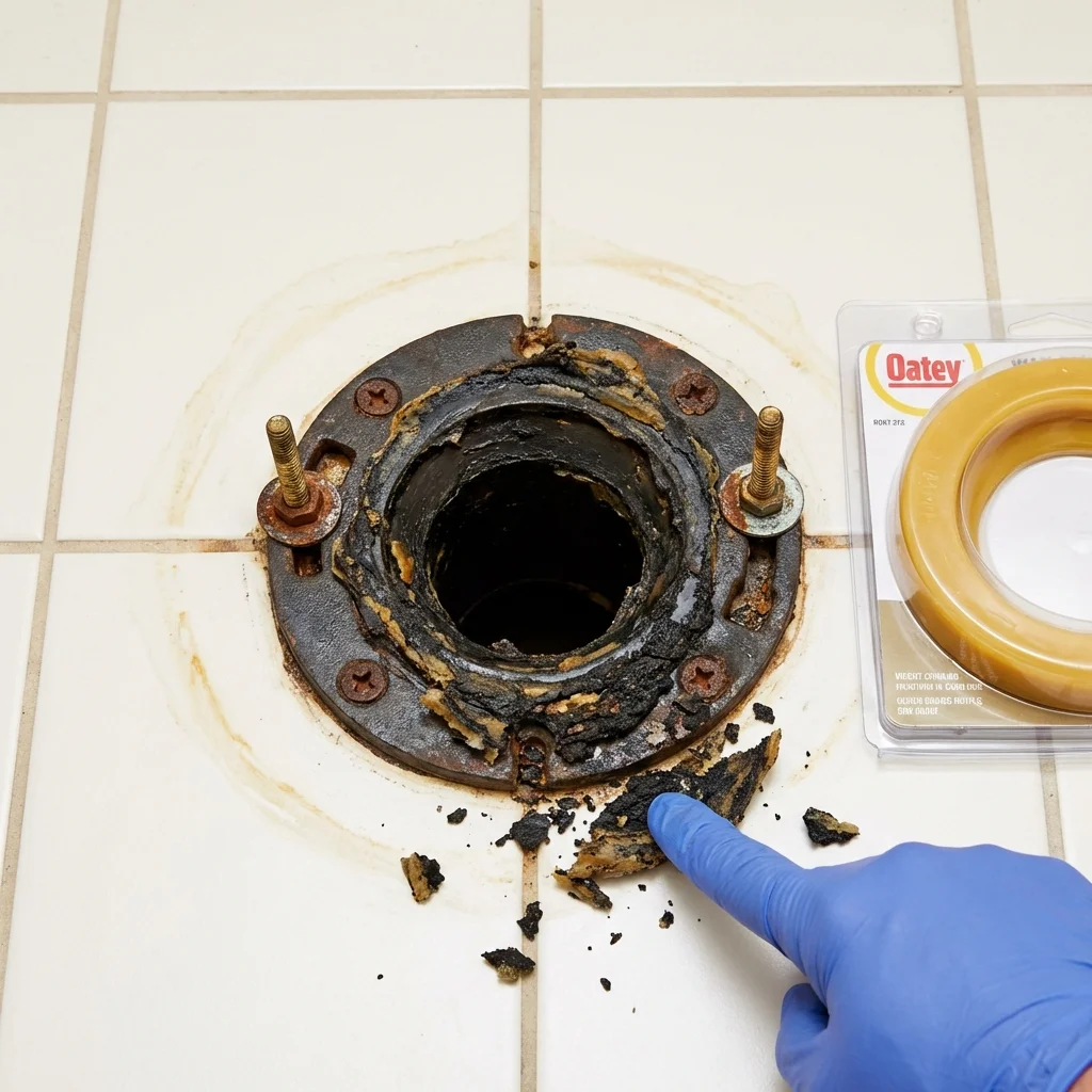 Failed wax ring showing water seepage at the base of a toilet in a Piedmont, OK home