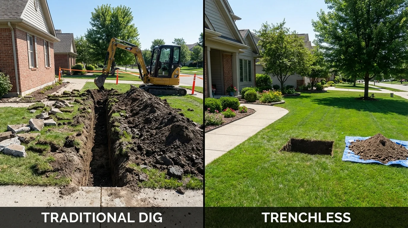 Trenchless sewer repair with minimal yard damage versus traditional excavation in Piedmont, OK