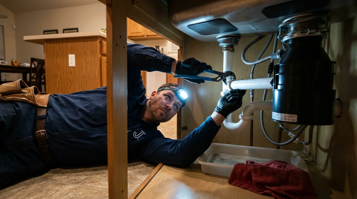 P-trap and supply line connections under a kitchen sink showing a common leak point in Piedmont, OK